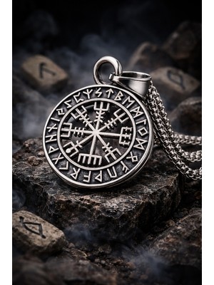 Paslanmaz Çelik Nordik Rune Figürlü Vegvisir Viking Pusulası Erkek Kolye