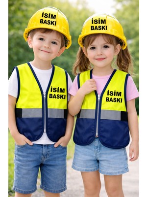 Teknik Isim Baskılı Çocuk Fermuarlı Mühendis Yeleği Baret Seti