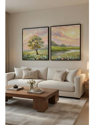 Safir Design Gün Batımı ve Kır Çiçekleri Temalı 2'li Çerçeveli Tablo Seti