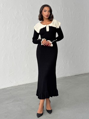 Bejna Kadın Bebe Yaka Inci Düğmeli Volanlı Uzun Triko Elbise