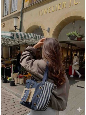 Old Cotton Denim Kumaş Bohem Omuz Çantası(Mini Saksı Desen)