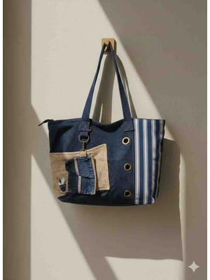Old Cotton Denim Kumaş Bohem Omuz Çantası(Mini Saksı Desen)