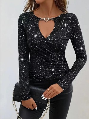 Marsilyan- Kadın Uzun Kollu Kruvaze Yakalı Aksesuarlı Dalgıç Bluz