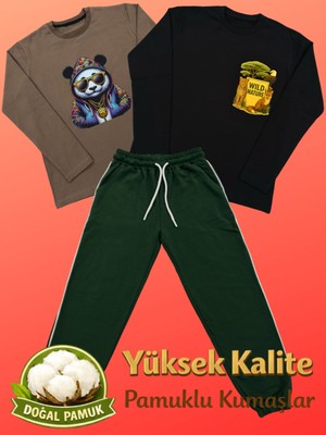 Pidal Giyim Avantajlı Üçlü Paket Sakin Tarz Pamuklu Uzun Kollu Erkek Çocuk Eşofman Takımı
