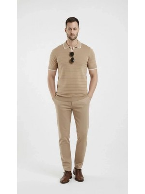 Marsilyan- Erkek Triko Kumaş Yakalı Düğmesiz Açık Yaka Fitilli Kısa Kollu Regular Fit Tişört T-Shirt - Bej