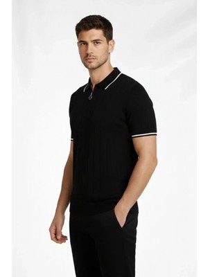Marsilyan- Erkek Fermuarlı Yaka Fitilli Triko Kısa Kollu Regular Fit Tişört T-Shirt - Siyah