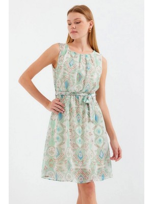 Marsilyan- 2501 Desenli Sıfır Kol Şifon Elbise - Mint