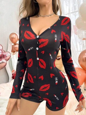 Marsilyan- Pamuklu Kırmızı Ruj Desenli Düğmeli Uzun Kol Tulum Pijama