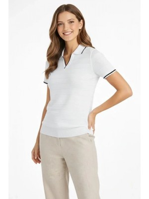 Marsilyan- Triko Kumaş Yakalı Düğmesiz Açık Yaka Fitilli Kısa Kollu Regular Fit Tişört T-Shirt - Beyaz