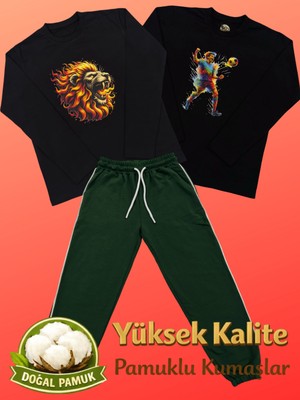 Pidal Giyim Avantajlı Üçlü Paket Sportif Temalı Pamuklu Uzun Kollu Erkek Çocuk Eşofman Takımı