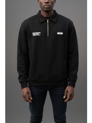 Erkek Polo Yaka Yazı Baskılı Rahat Kalıp Sweatshirt