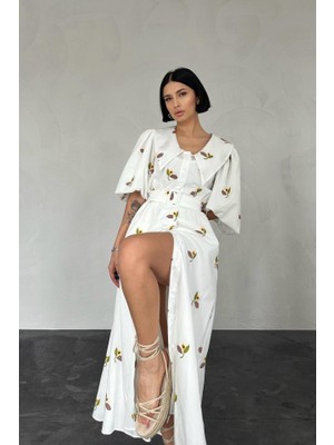 Nova Epoxy Art Kahverengi Yakası Çiçek Motifli Kemerli Elbise