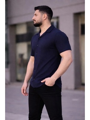 Marsilyan- Erkek Waffle Kumaş Kısa Kollu Düğmeli Açık Yaka Regular Fit Gömlek - Lacivert