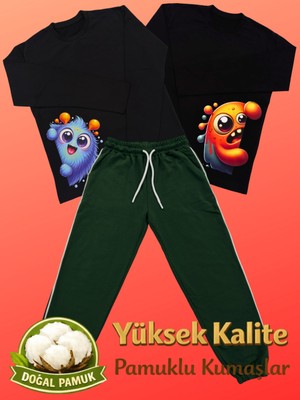 Pidal Giyim Avantajlı Üçlü Paket Sevimli Canavar Temalı Pamuklu Uzun Kollu Unisex Çocuk Eşofman Takımı