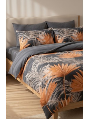 Harikabirev |çift Kişilik Nevresim Takımı Lastikli Pamuklu Çarşaf Nevresim Seti Gri Turuncu |çknt