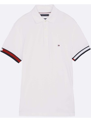 Tommy Hilfiger Erkek Beyaz Tommy Hilfiger Flag Cuff Slım Polo, Ybr Beyaz Erkek T-Shirt & Polo