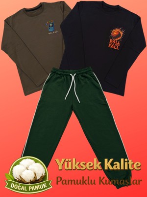 Pidal Giyim Avantajlı Üçlü Paket Eğlence Temalı Pamuklu Uzun Kollu Erkek Çocuk Eşofman Takımı