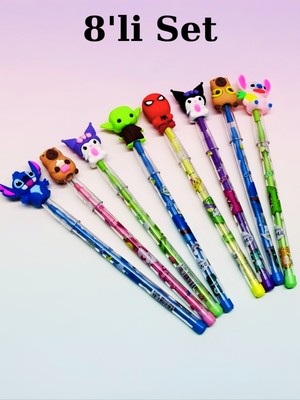 ÖZ OFİS Kuromi Capybara Stitch Spiderman Yoda Başlıklı 8'li Yumurtlayan Kalem Seti - 8 Farklı Model - Kutulu
