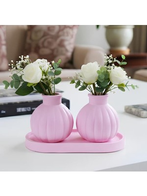 E.M.S Vazo Seti Pampas Tombul Vazo 2 Adet & Dekoratif Tabak Biblo Seti 3 Parça Pastel Pembe.