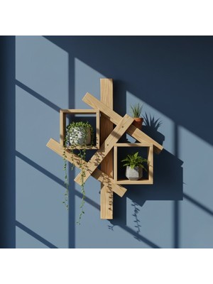 Masif Ahşap Modern Duvar Rafı - 60X50 cm Dekoratif Geometrik Kitaplık ve Çiçeklik