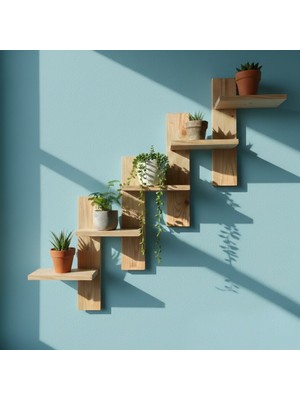 Delme Gerektirmeyen Güçlü Bantlı Masif Ahşap Raf - 125 cm Merdiven Tasarım Duvar Dekoru)