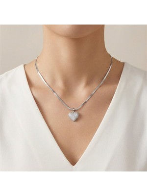 Zeino Zirkon Taşlı Kalp Uçlu Düz Zincir Çelik Kolye - Gümüş Rengi Kaplama, 40+5 cm