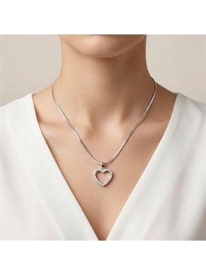 Zeino Zirkon Taşlı Kalp Uçlu Ezme Zincir Çelik Kolye - Gümüş Rengi Kaplama, 40+5 cm