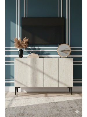 Yumedi Design KA1299BT - Didema Konsol, Tv Sehpası, Çok Amaçlı Dolap ve Kahve Köşesi 120CM Beyaz-Traverten