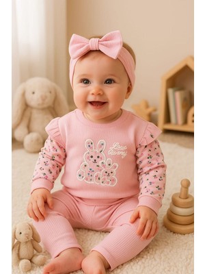 Şanslı Harikalar Pamuklu Likralı Tavşan Baskılı Bebek Takım