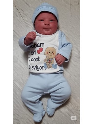 Erkek Bebek Babam Benı Cok Sevıyor Baskılı Zıbın Takım 0-3AY - Mavi