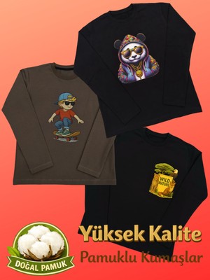 Pidal Giyim Avantajlı Üçlü Paket Renkli Pamuklu Uzun Kollu Erkek Çocuk Sweatshirt