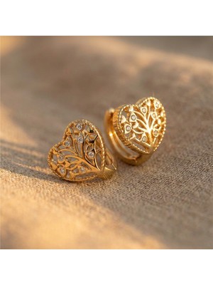 Zeino Hayat Ağacı Detaylı Kalp Şekilli Çelik Küpe - 14K Altın Rengi Kaplama, 1 cm