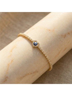 Zeino Nazar Boncuklu Kalp Detaylı Su Yolu Çelik Bileklik - 14K Altın Rengi Kaplama, 16+2 cm