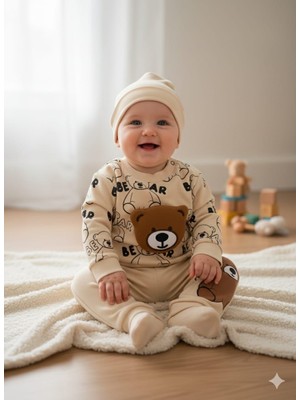 Şanslı Harikalar Pamuklu Likralı Erkek Çocuk Ayı Desenli Bebek Takım