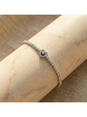 Zeino Nazar Boncuklu Kalp Detaylı Su Yolu Çelik Bileklik - Gümüş Kaplama, 16+2 cm