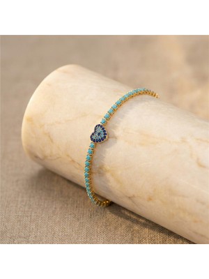 Zeino Mavi Taşlı Kalp Detaylı Su Yolu Çelik Bileklik - 14K Altın Rengi Kaplama, 16+3 cm