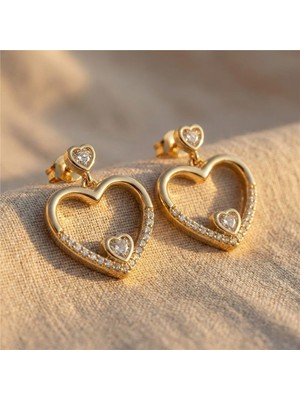 Zeino Sallantılı Tek Taş Kalp Halka Çelik Küpe - 14K Altın Rengi Kaplama, 2 cm