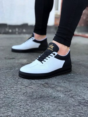 Zapatos WG022 Erkek Günlük Bağcıklı Delikli Desen Cilt Spor Sneaker Ayakkabı Cst - Beyaz/siyah