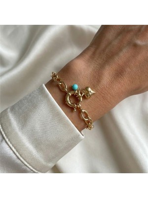 Zeino Mavi Taşlı Kalp Detaylı Zincir Çelik Bileklik - 14K Altın Rengi Kaplama, 17+3 cm