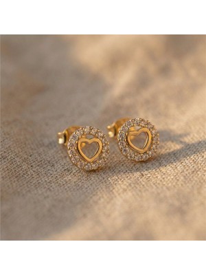 Zeino Zirkon Taşlı Kalp Detaylı Çelik Küpe - 14K Altın Rengi Kaplama, 1 cm