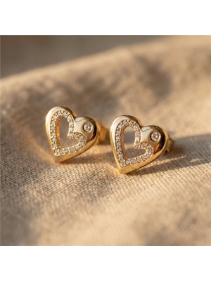 Zeino Zirkon Taşlı Kalp Detaylı Çelik Küpe - 14K Altın Rengi Kaplama, 1 cm