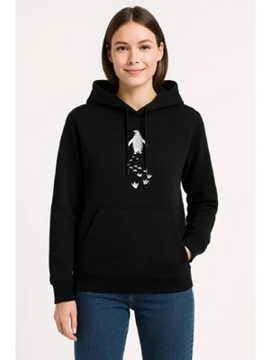 Marsilyan- Nihilist Penguen Temalı Oversize Kapüşonlu Sweatshirt - Siyah