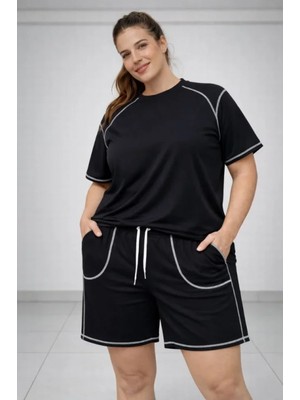 Marsilyan- Battal Beden Kısa Kollu Tişört Şort Takım Kontrast Dikiş Detaylı Günlük Ev Giyimi - Siyah