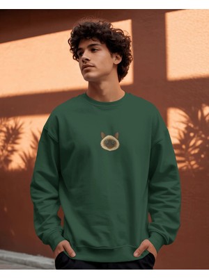 Muhtar Store Erkek Siyam Kedisi Desenli Sweatshirt – Minimal Göğüs Baskılı, Unisex Rahat Kalıp