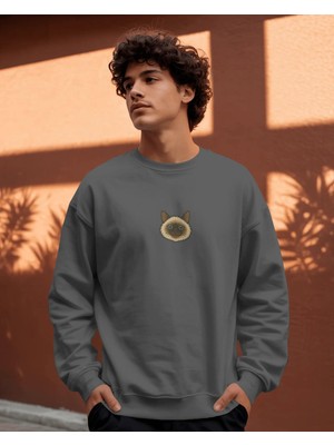 Muhtar Store Erkek Siyam Kedisi Desenli Sweatshirt – Minimal Göğüs Baskılı, Unisex Rahat Kalıp