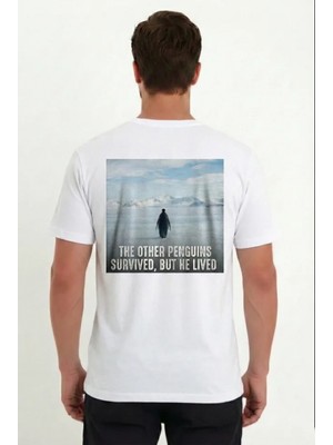 Marsilyan- Erkek Oversize Tişört - Sırt Baskılı Survivor Penguin Temalı, Felsefi Yazılı Bisiklet Yaka Tişört - Beyaz