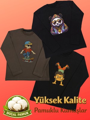 Pidal Giyim Avantajlı Üçlü Paket Enerjik Pamuklu Uzun Kollu Erkek Çocuk Sweatshirt
