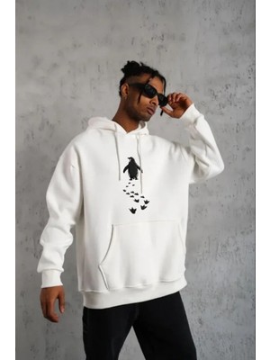 Marsilyan- Erkek Nihilist Penguen Temalı Oversize Kapüşonlu Sweatshirt - Beyaz