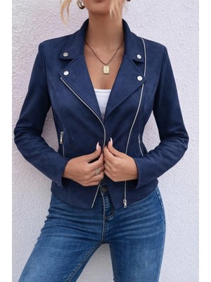 Marsilyan- Kadın Uzun Kollu Yakalı Önden Fermuarlı Kısa Süet Ceket