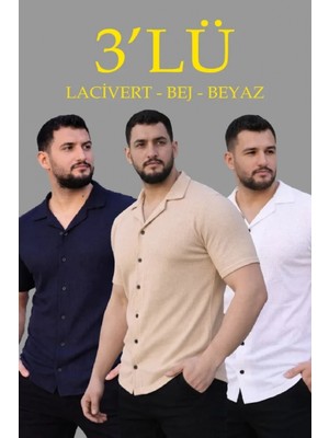 Marsilyan- Erkek Waffle Dokuma Açık Yakalı Düğmeli Regular Kalıp 3’lü Gömlek Seti - Bej, Beyaz, Lacivert